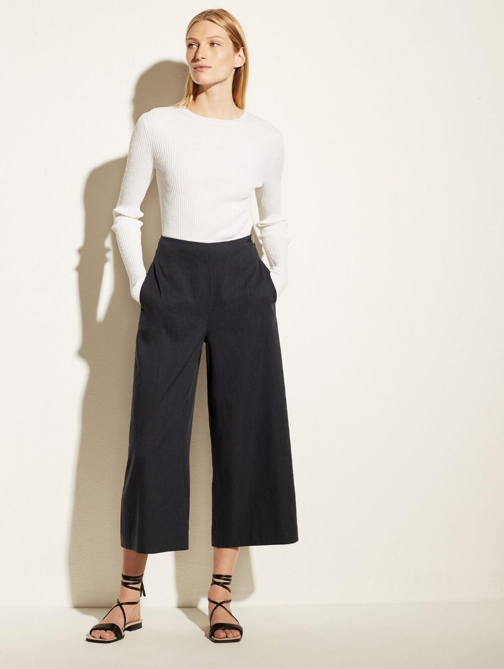 Vince Black Linen Blend Wide Leg Crop Pants High Rise Trouser Size 10 Minimalist